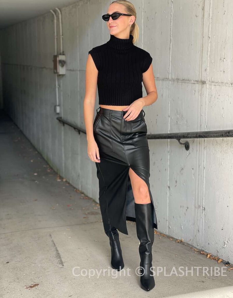 Celina | Black Faux Leather Midi Skirt