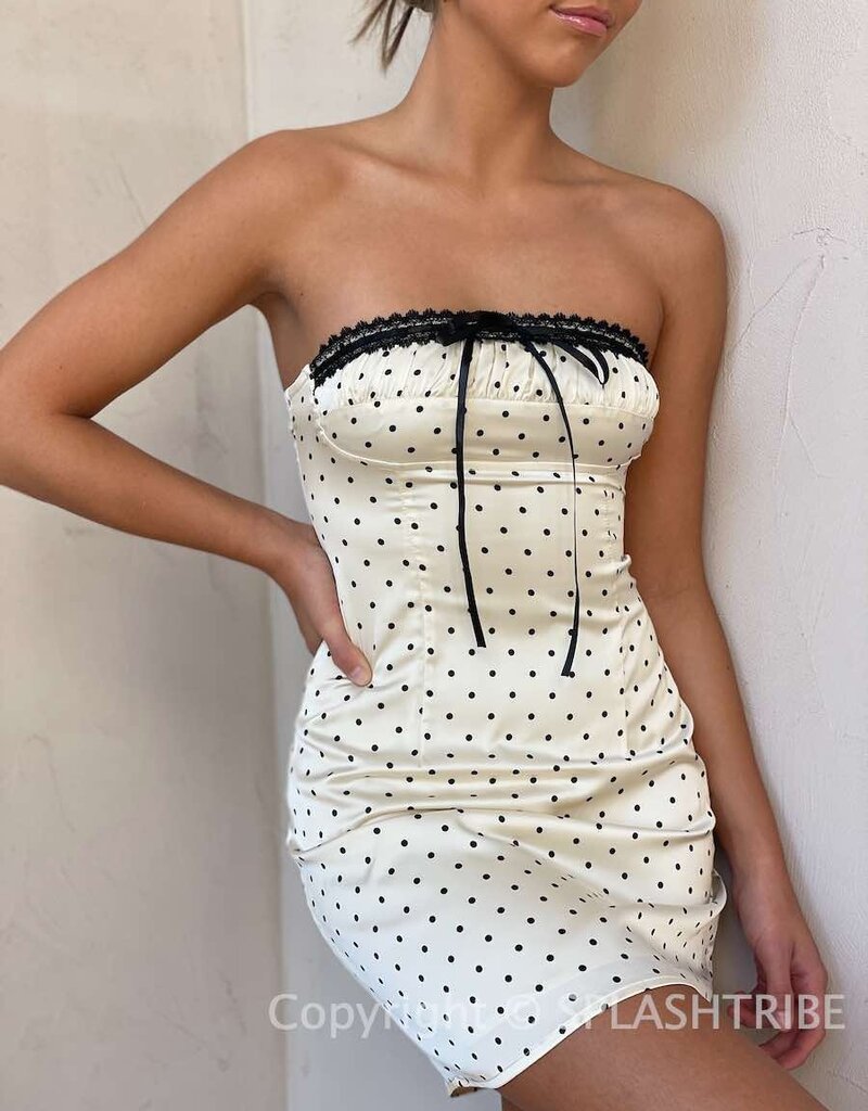 Layken Polka Dot Strapless Ribbon Detail Mini Dress