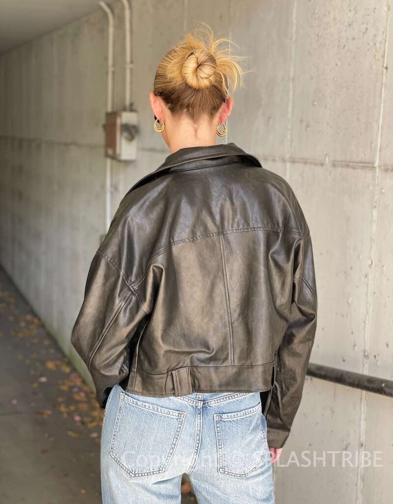 Washed Faux Leather Cropped Moto Jacket