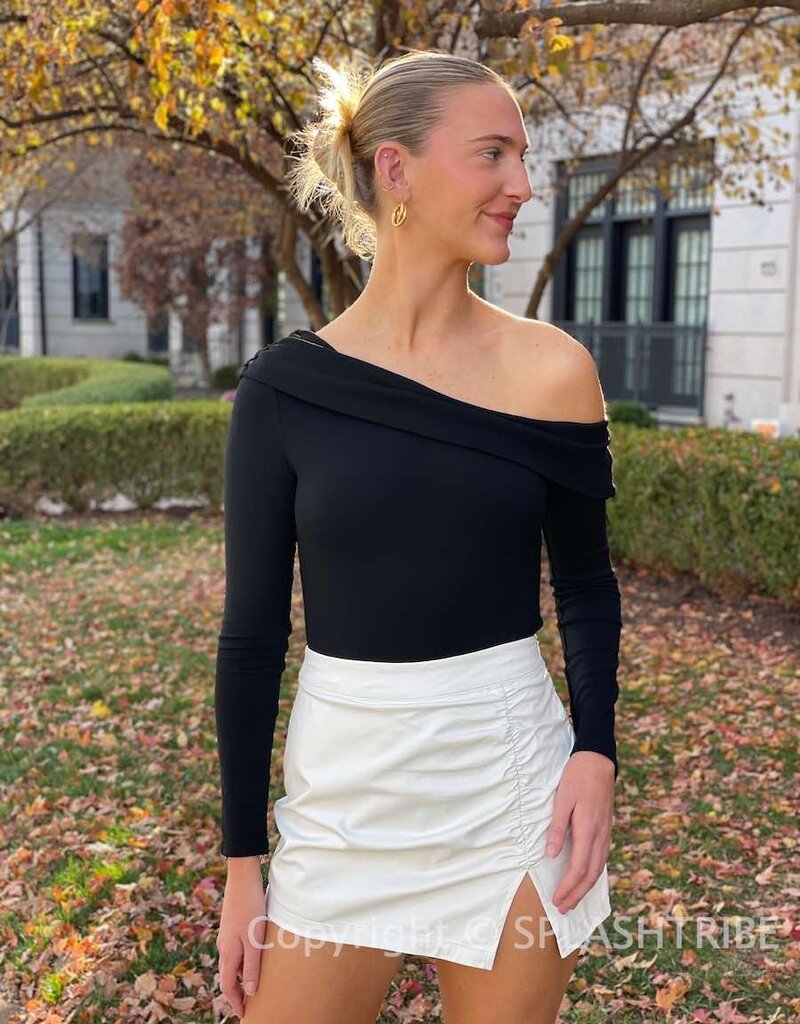 Faux Leather Ruched Slit Skirt