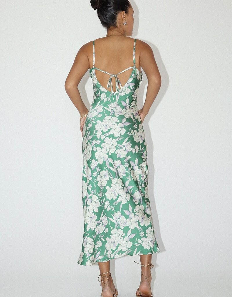 Tropical Floral Satin Midi Dress