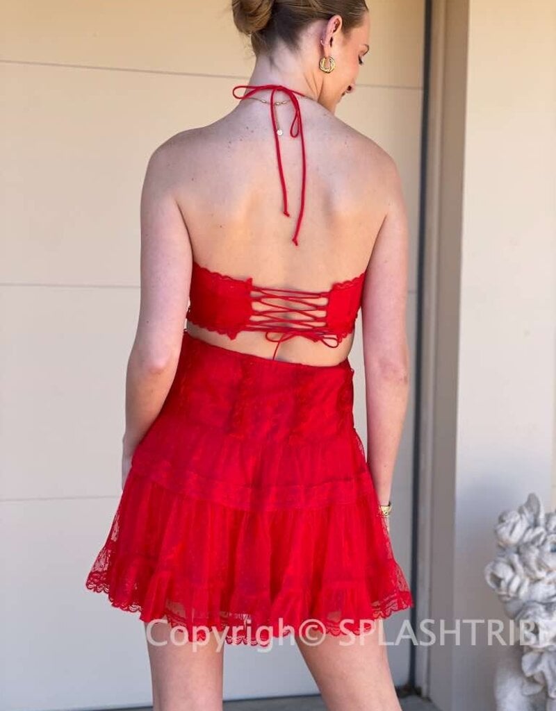 Lace Overlay Halter Cutout Mini Dress