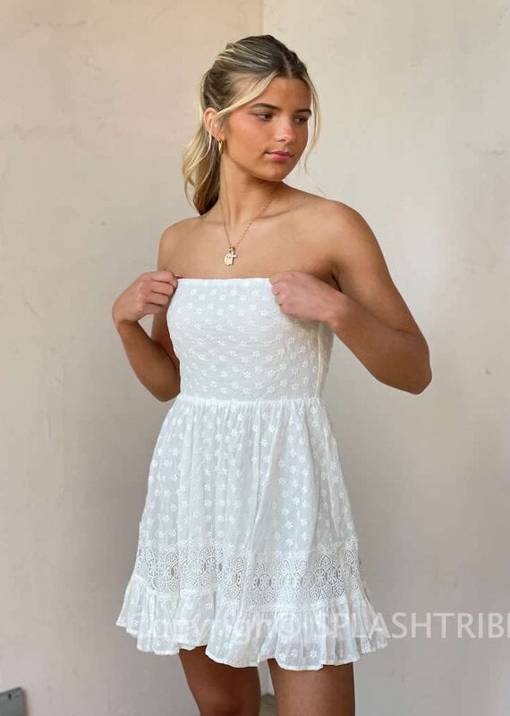 Embroidered Strapless Tie Back Mini Dress