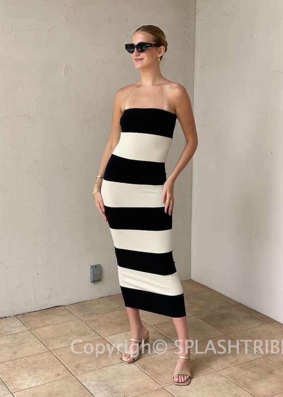 Big Stripe Strapless Midi Dress