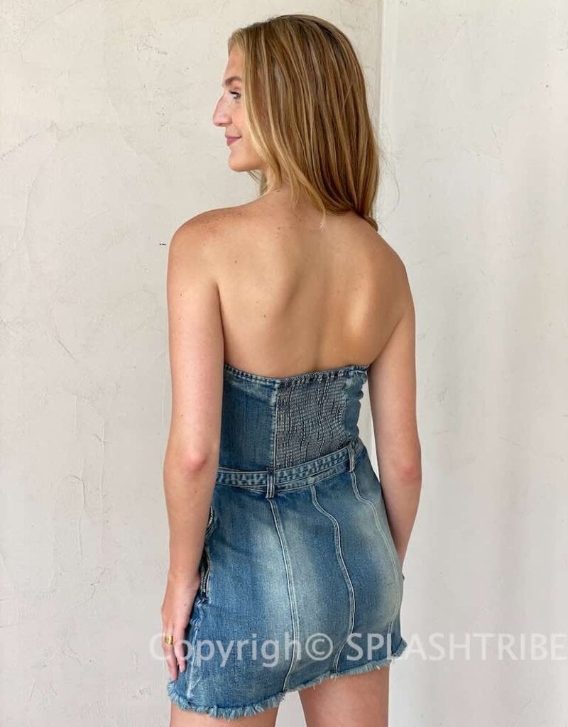 Denim Belted Strapless Mini Dress