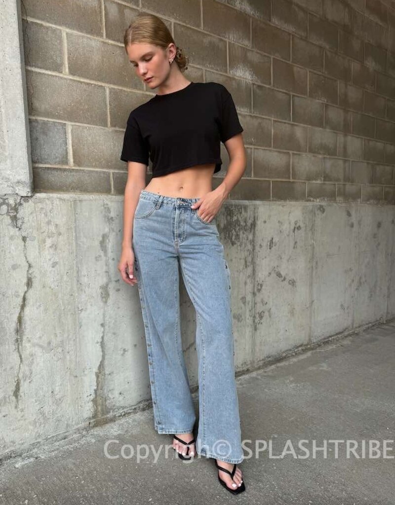 Mid Rise Side Snap Straight Leg Jeans