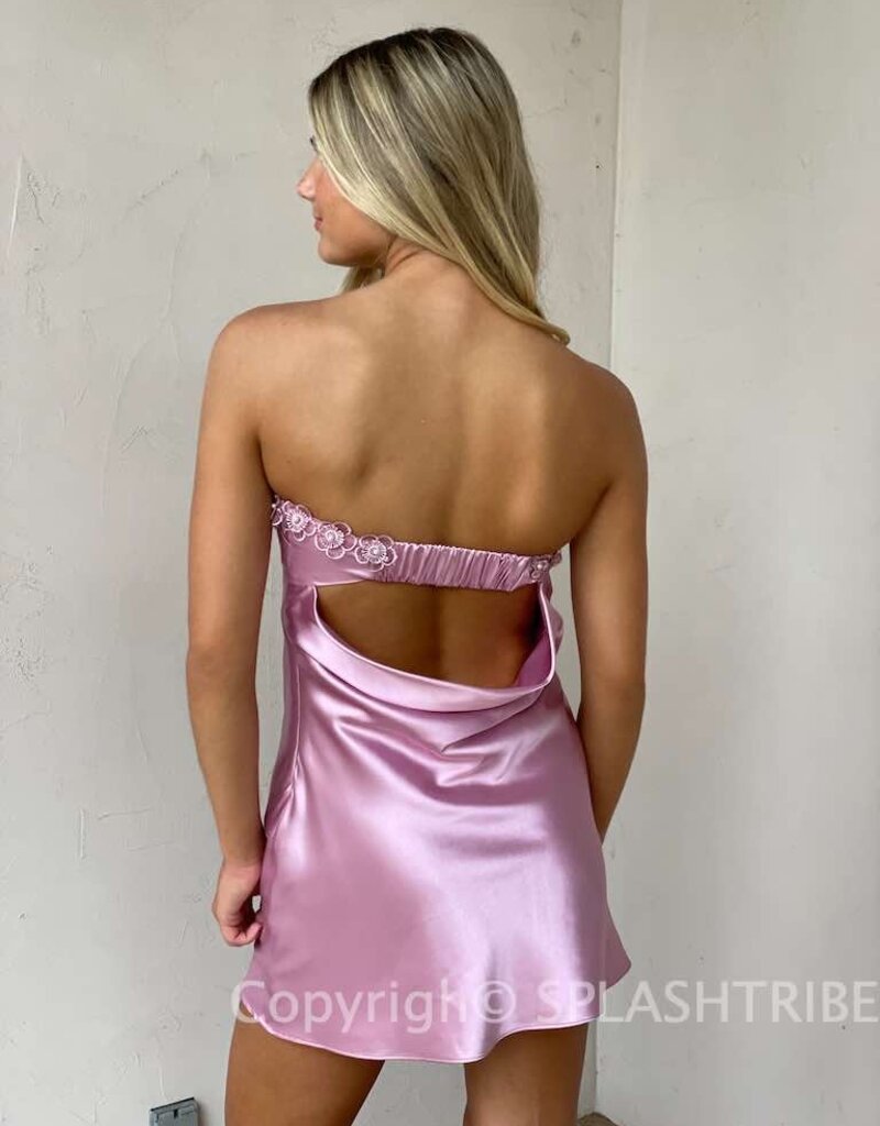 Floral Pearl Applique Strapless Mini Dress
