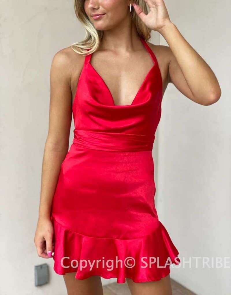 Morgan Halter Cowl Neck Satin Mini Dress