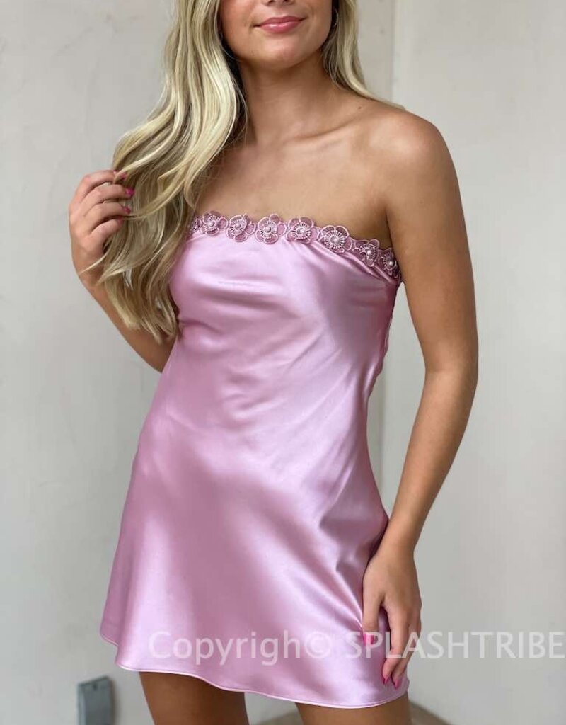 Floral Pearl Applique Strapless Mini Dress