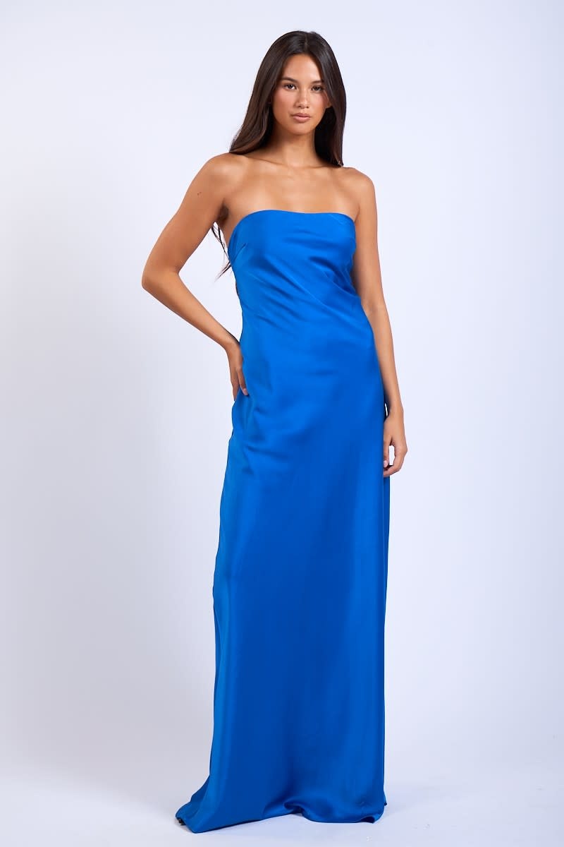 knee length dresses for ladies Edel Navy Satin Strapless Maxi Dress With Drape – Club L London main image 0