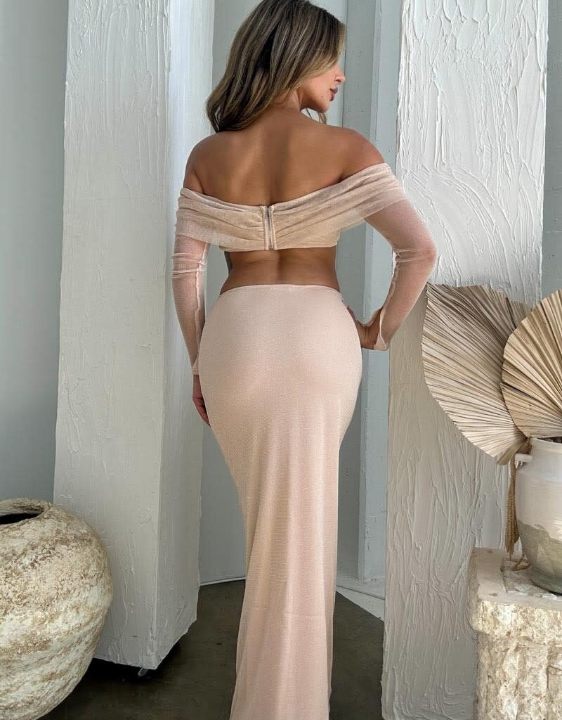 Sparkle Mesh Off Shoulder Top Maxi Skirt Set