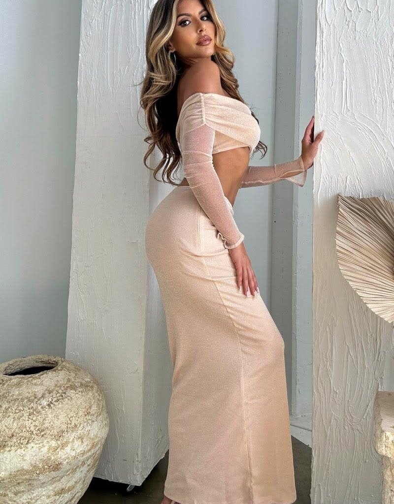 Sparkle Mesh Off Shoulder Top Maxi Skirt Set