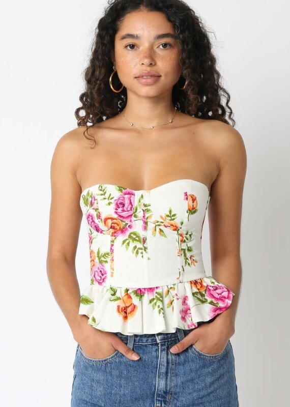 Strapless Floral Ruffle Hem Bustier Top