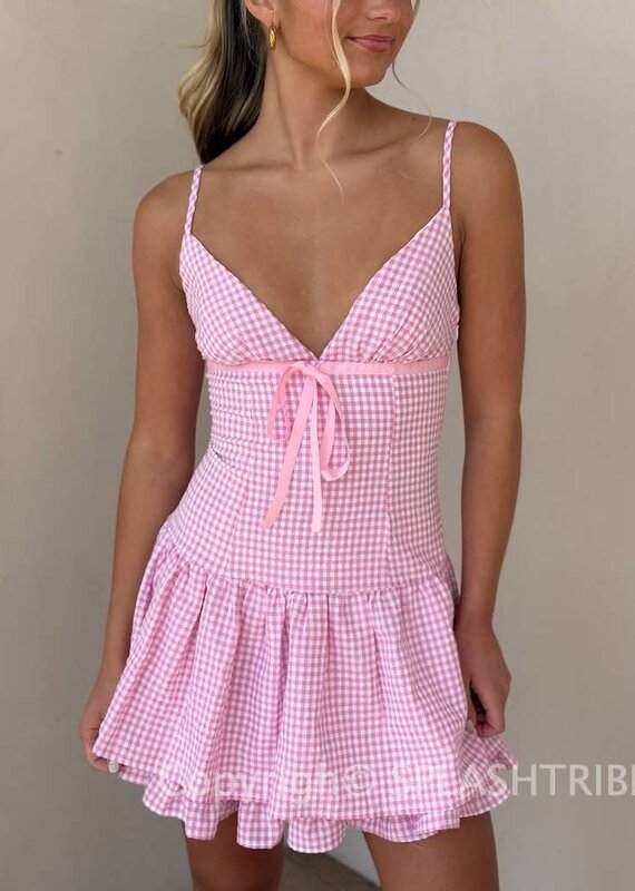 Gingham Lace Up Back Mini Dress