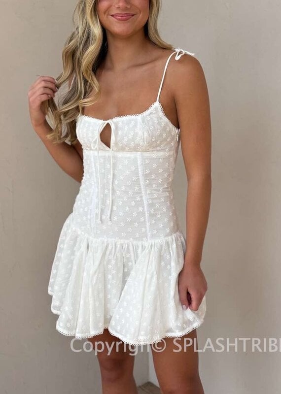 Eyelet Tie Shoulder Drop Waist Mini Dress