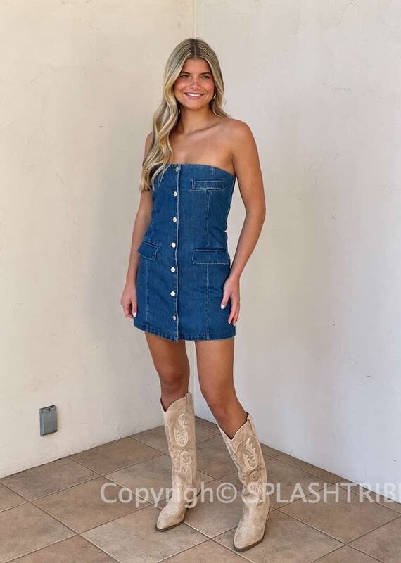 Denim Strapless Button Front Mini Dress