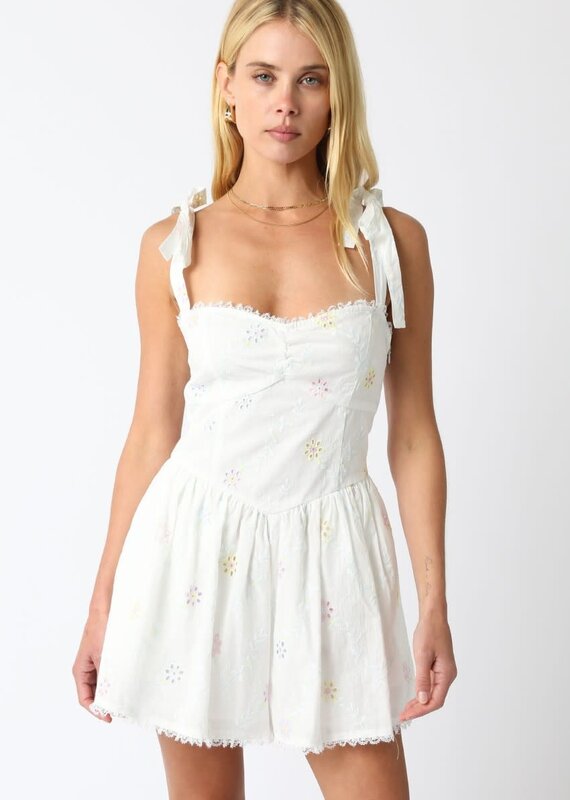 Embroidered Floral Shoulder Tie Romper