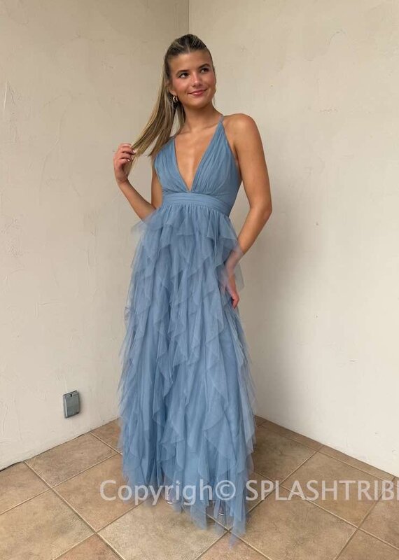 Fabiola Tulle Plunge V Maxi Dress