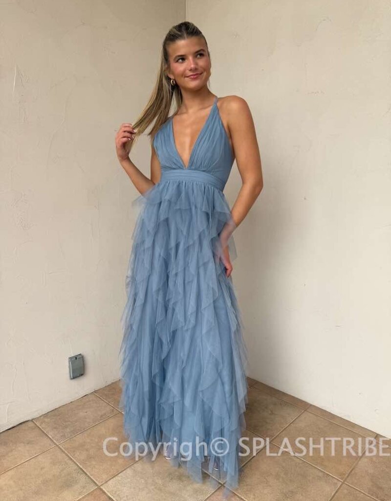 Fabiola Tulle Plunge V Maxi Dress