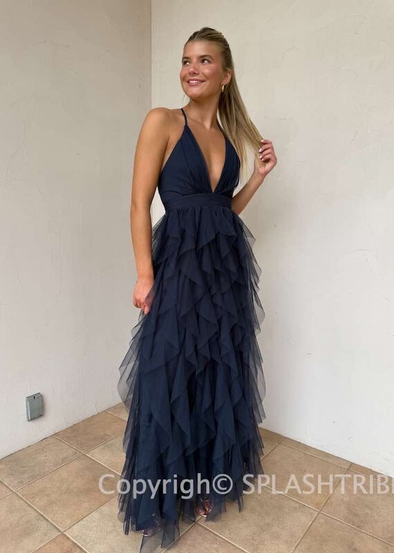 Fabiola Tulle Plunge V Maxi Dress