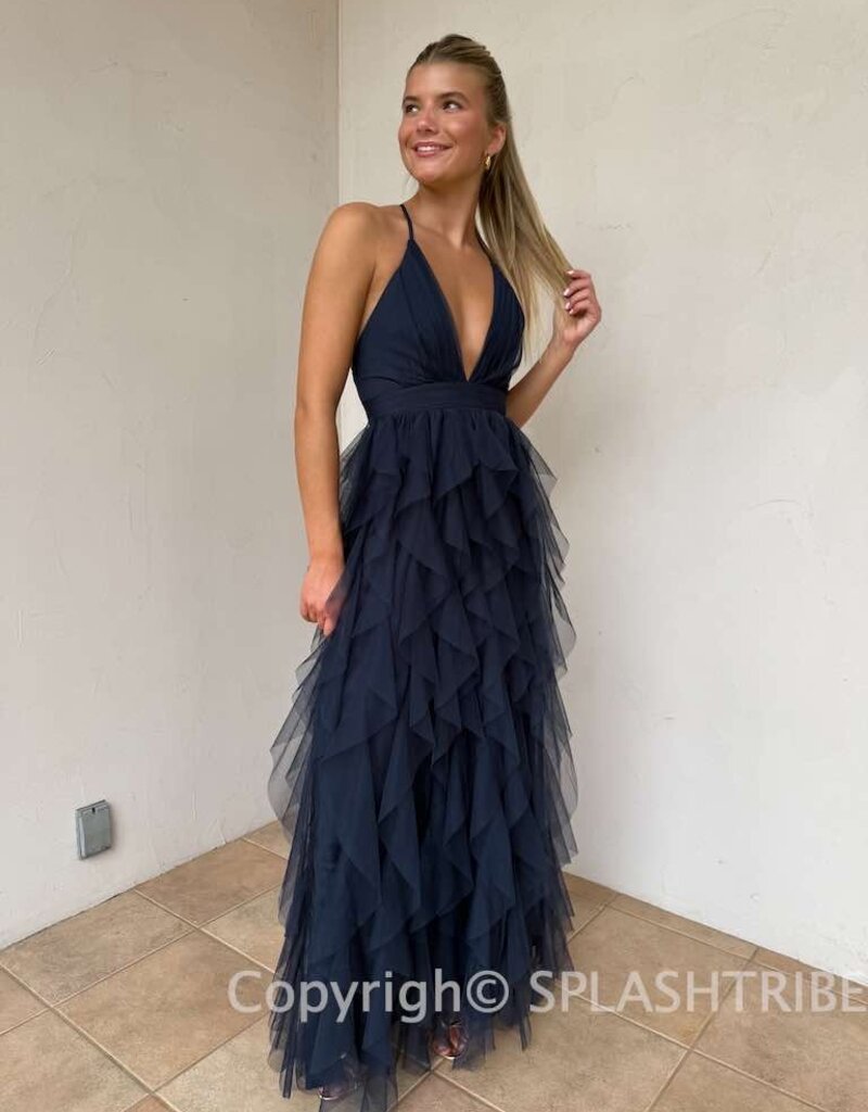 Fabiola Tulle Plunge V Maxi Dress
