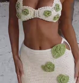 Crochet Bikini Mini Skirt Set With Flowers
