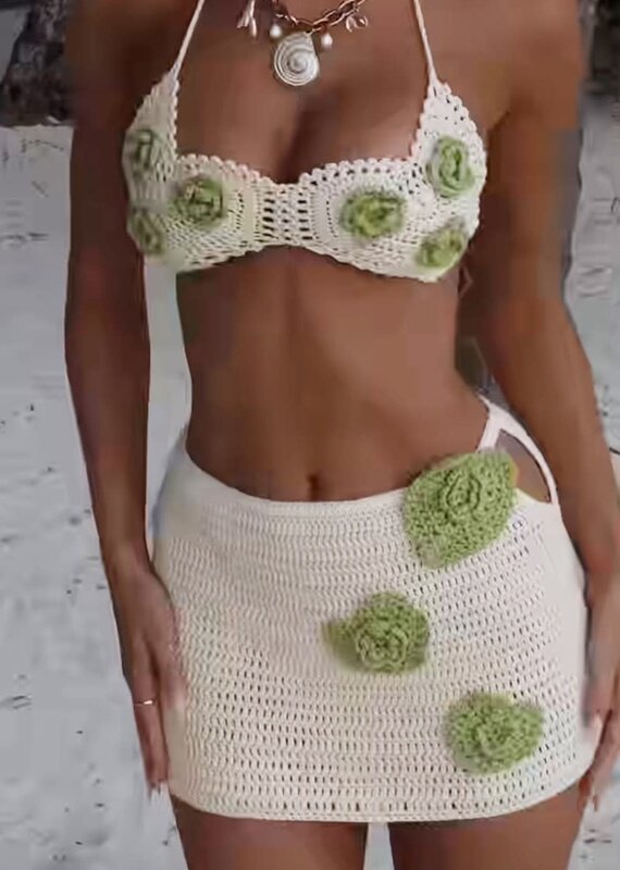 Crochet Bikini Mini Skirt Set With Flowers