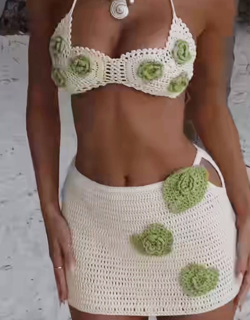 Crochet Bikini Mini Skirt Set With Flowers