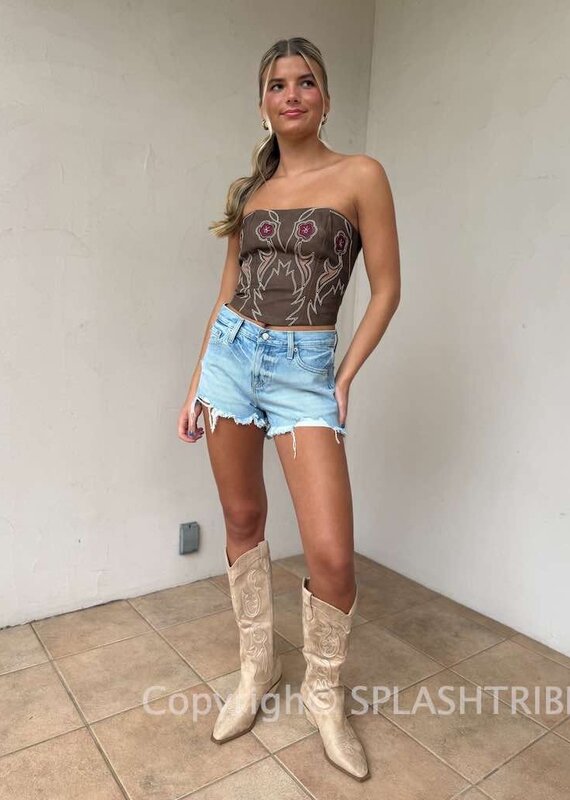 Western Floral Embroidered Bustier Strapless Top