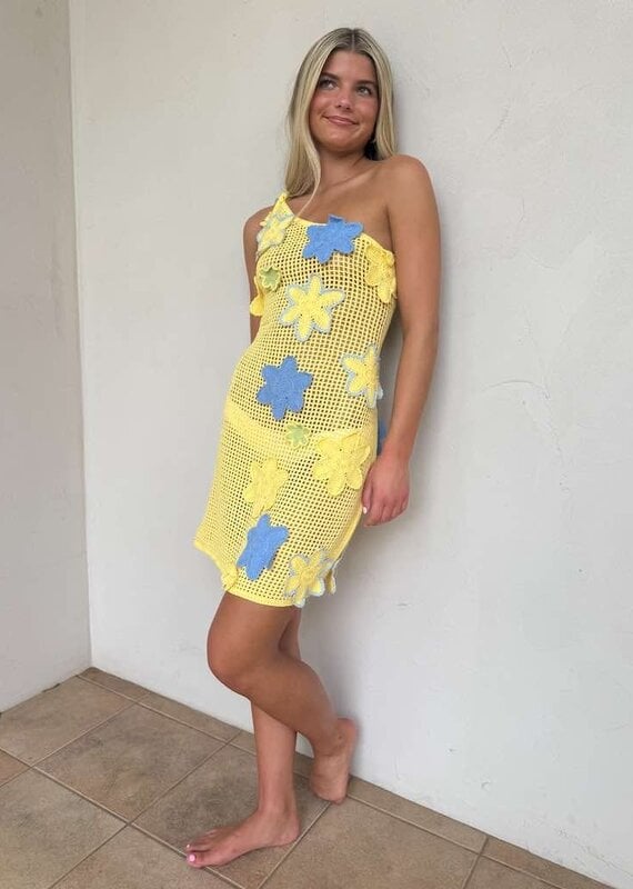 One Shoulder Crochet Flower Mini Dress