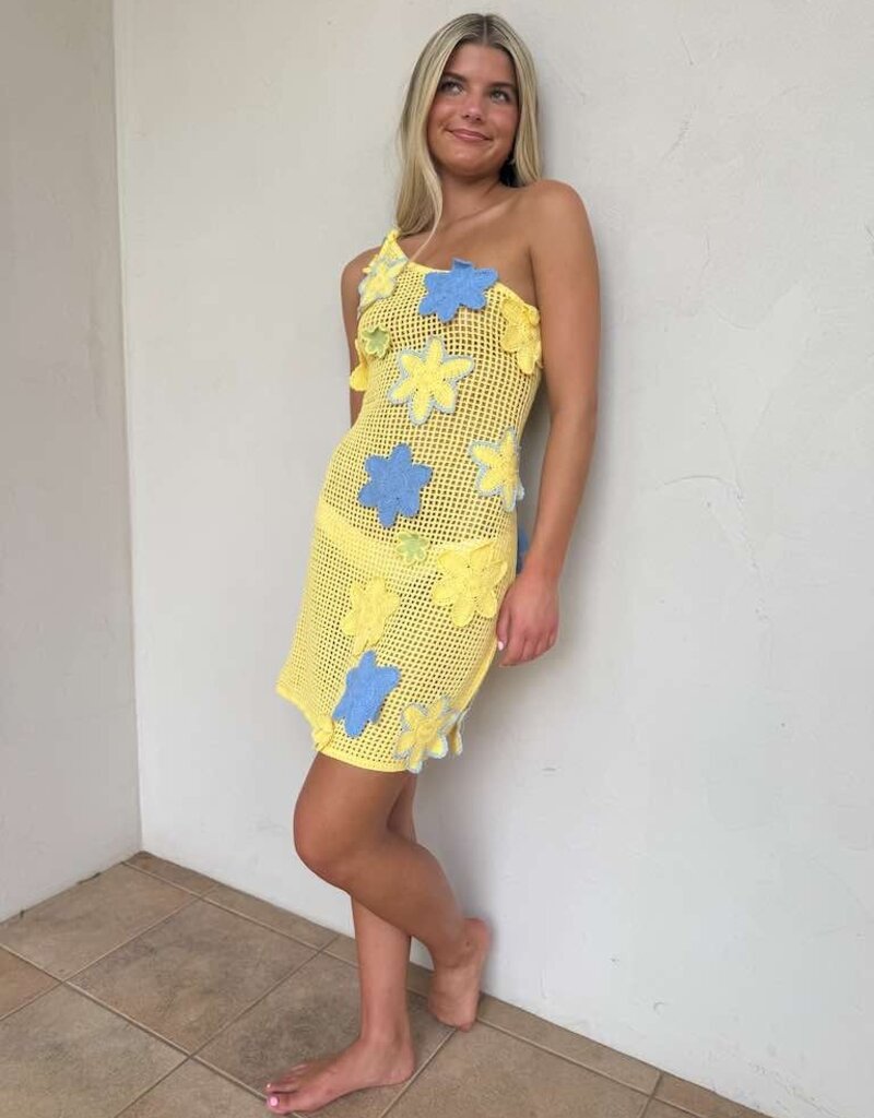 One Shoulder Crochet Flower Mini Dress