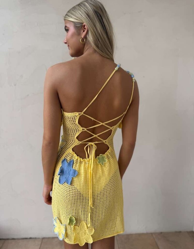 One Shoulder Crochet Flower Mini Dress