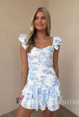 Toile Ruffle Shoulder Tiered Mini Dress