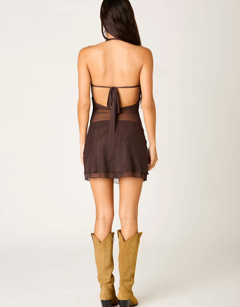 Halter Sheer Mesh Overlay Mini Dress