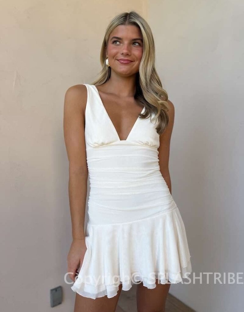 Mesh Wide Strap Ruched Mini Dress