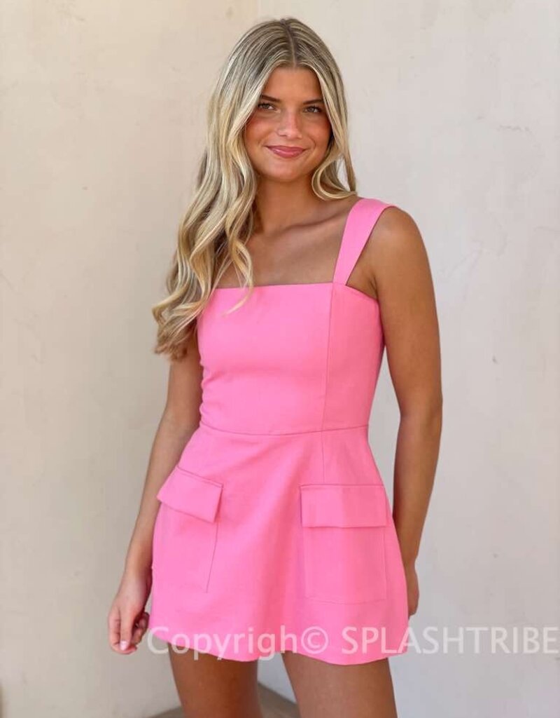 Linen Double Pocket Square Neck Mini Dress