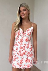 Vibrant Floral Scallop Cut V Neck Mini Dress