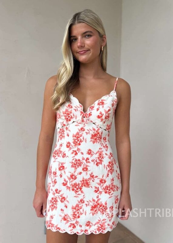 Vibrant Floral Scallop Cut V Neck Mini Dress