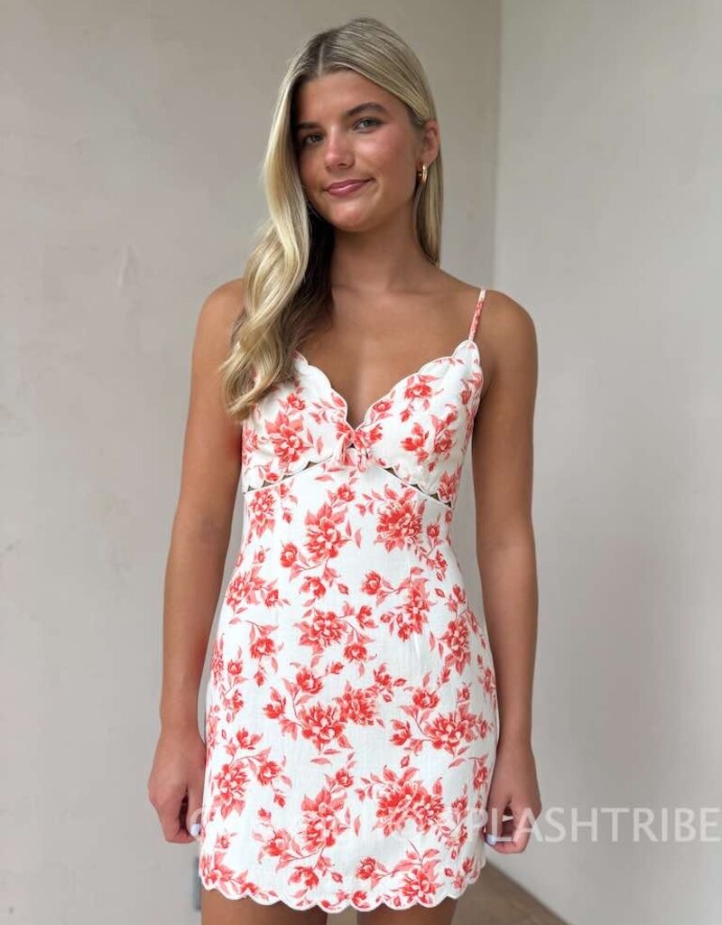 Vibrant Floral Scallop Cut V Neck Mini Dress