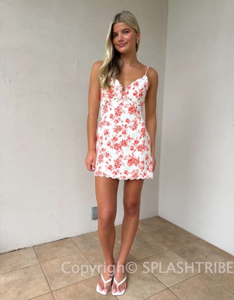 Vibrant Floral Scallop Cut V Neck Mini Dress