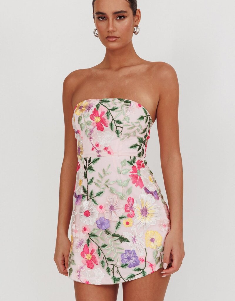 Jardin Strapless Embroidered Floral Mini Dress