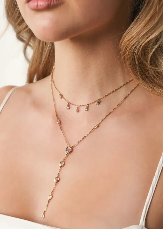 Draped In Bezel Crystal Lariat Necklace Set Clear Crystals
