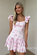 English Floral Ruffle Shoulder Tiered Mini Dress