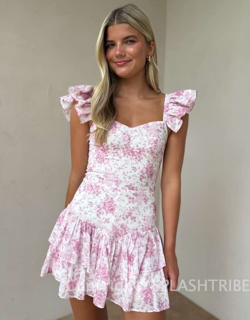English Floral Ruffle Shoulder Tiered Mini Dress
