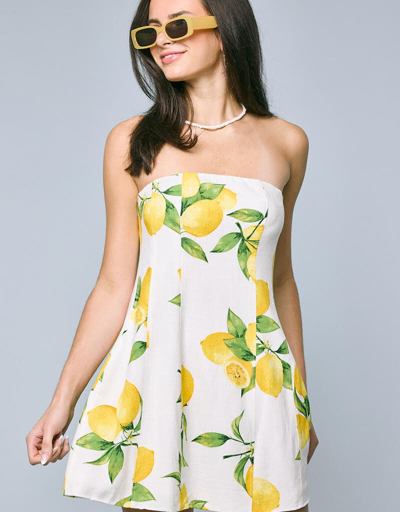 Strapless Lemon Print Mini Dress