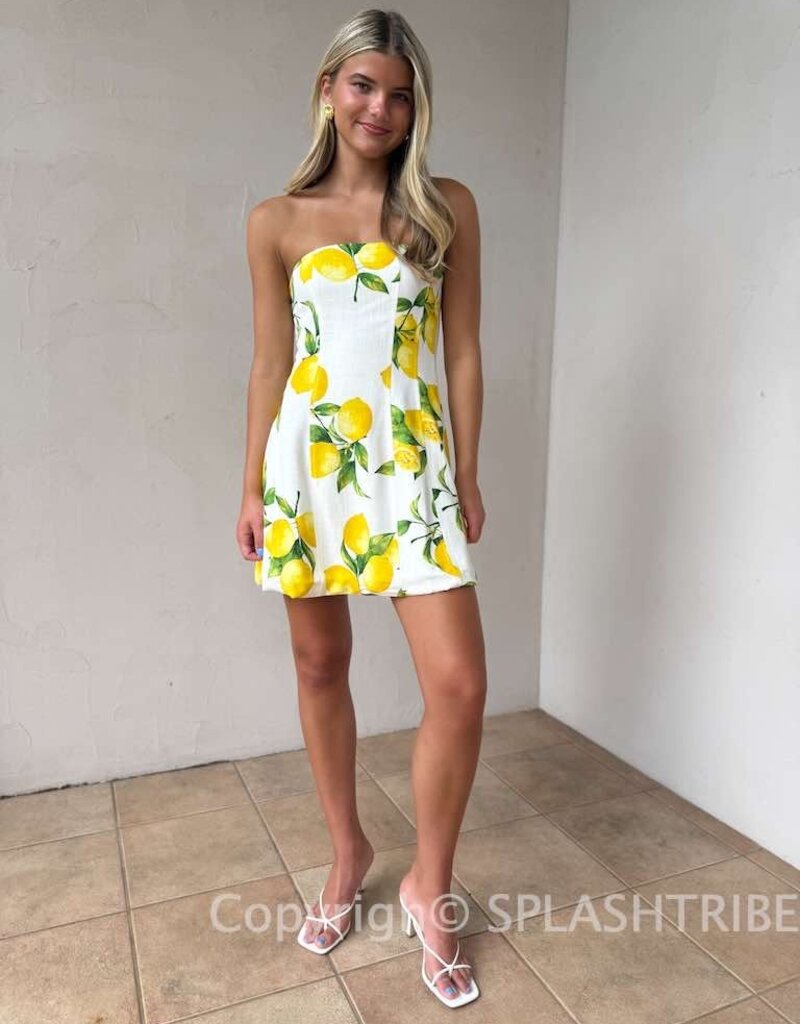 Strapless Lemon Print Mini Dress
