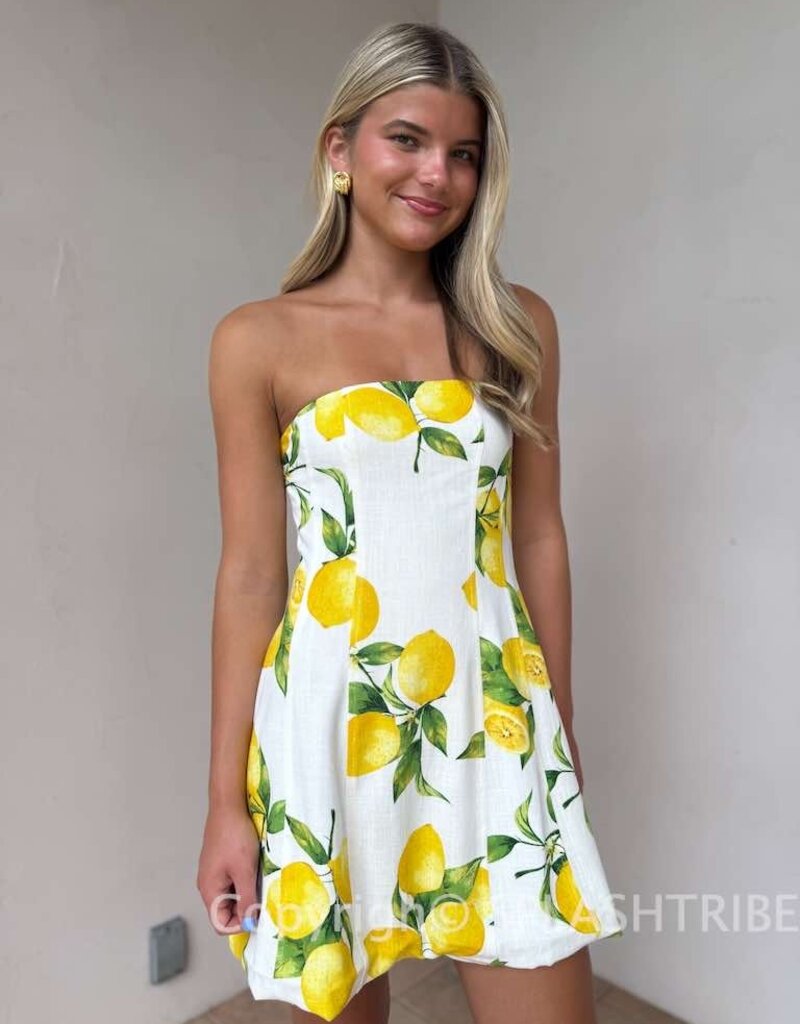 Strapless Lemon Print Mini Dress