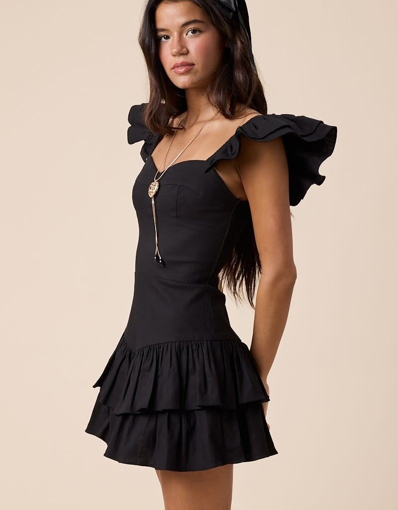 Solid Ruffle Shoulder Tiered Mini Dress
