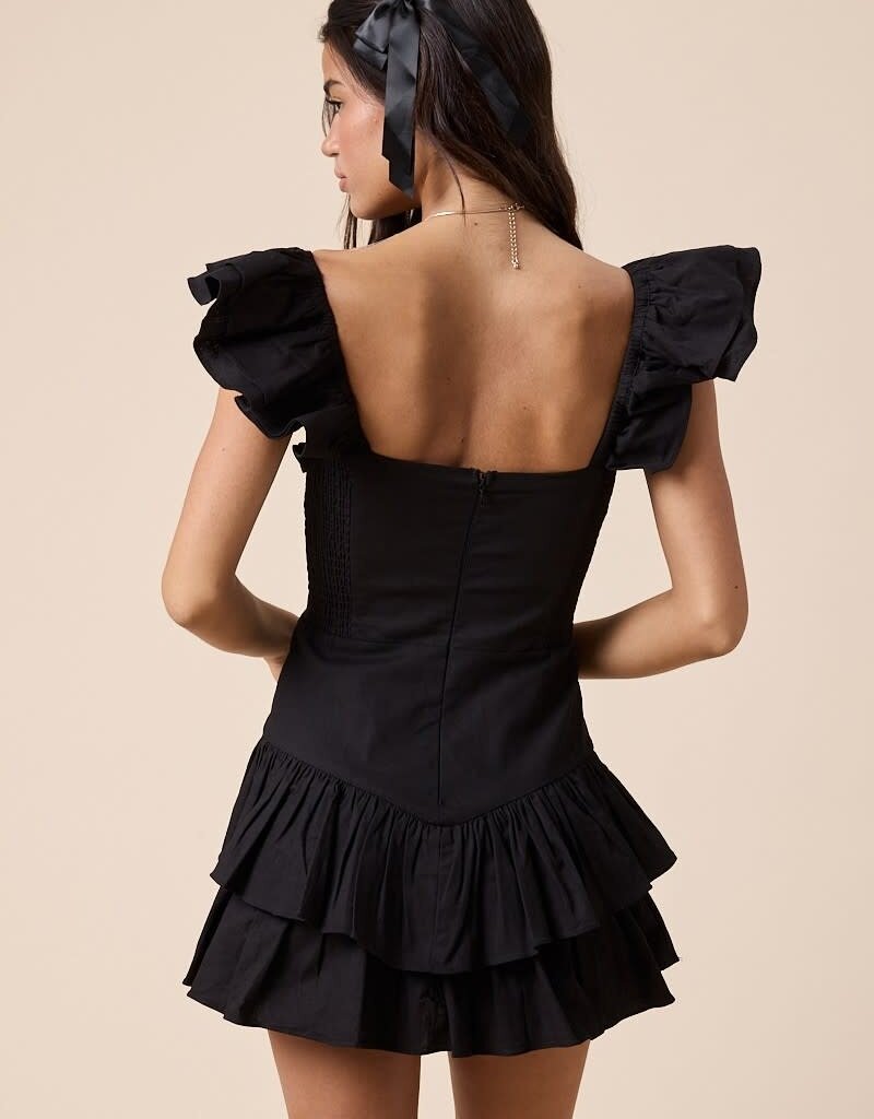 Solid Ruffle Shoulder Tiered Mini Dress