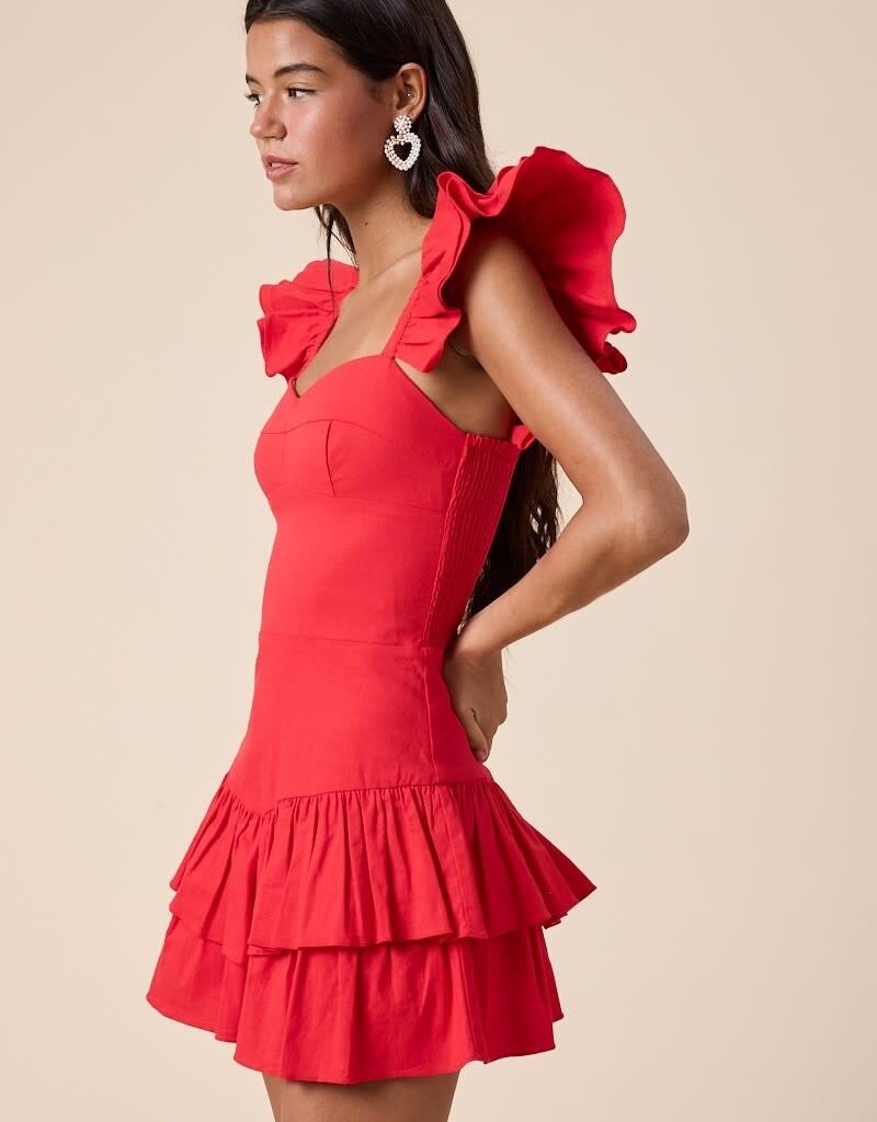 Solid Ruffle Shoulder Tiered Mini Dress